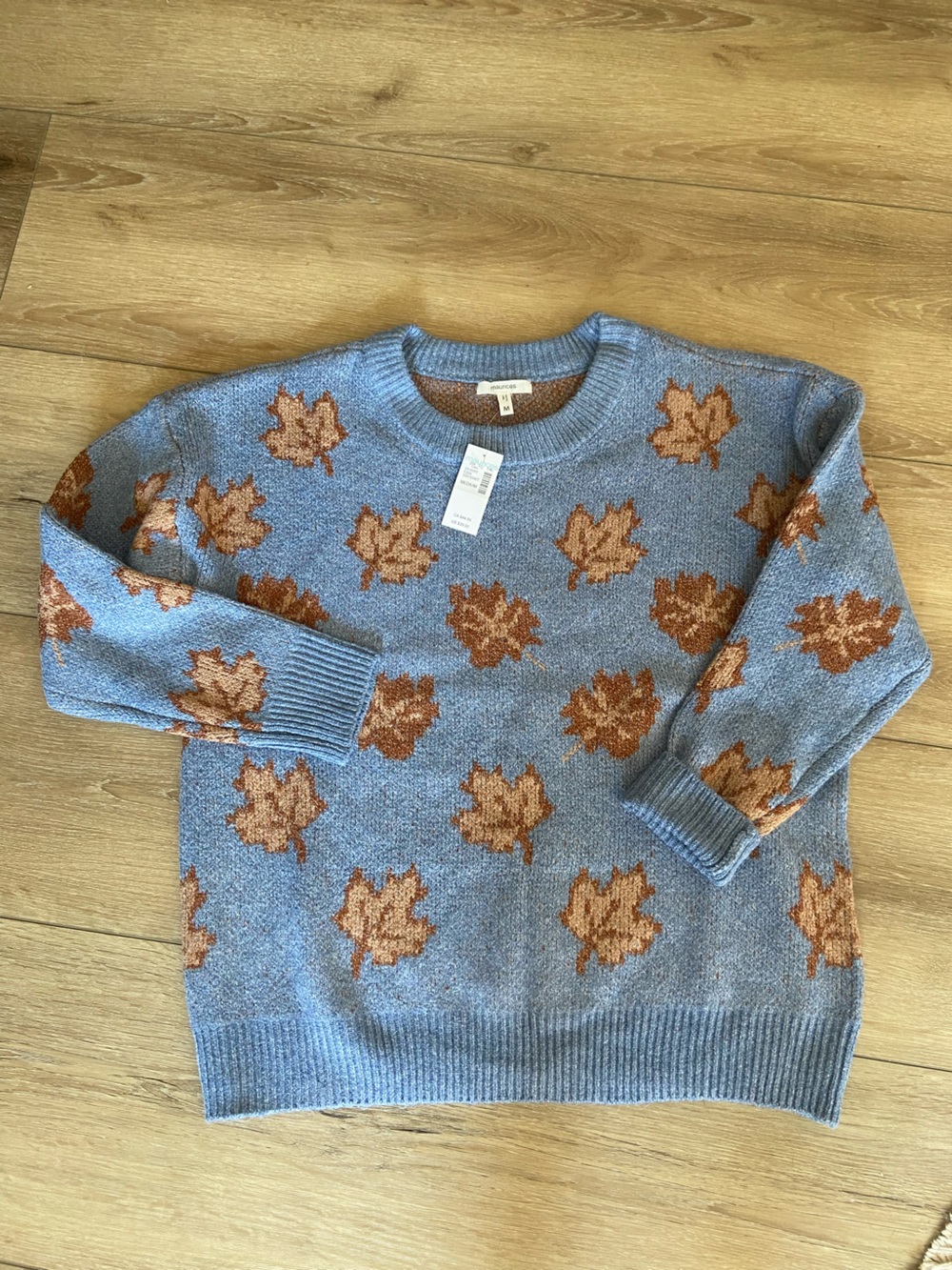 Maurices Light Blue Crewneck Sweater with Brown Leaf Motif